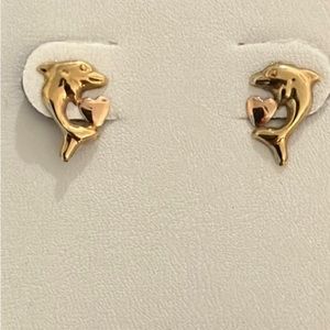 14k Yellow Gold Dolphin and Heart Post Earrings. Never worn. Excellent condition